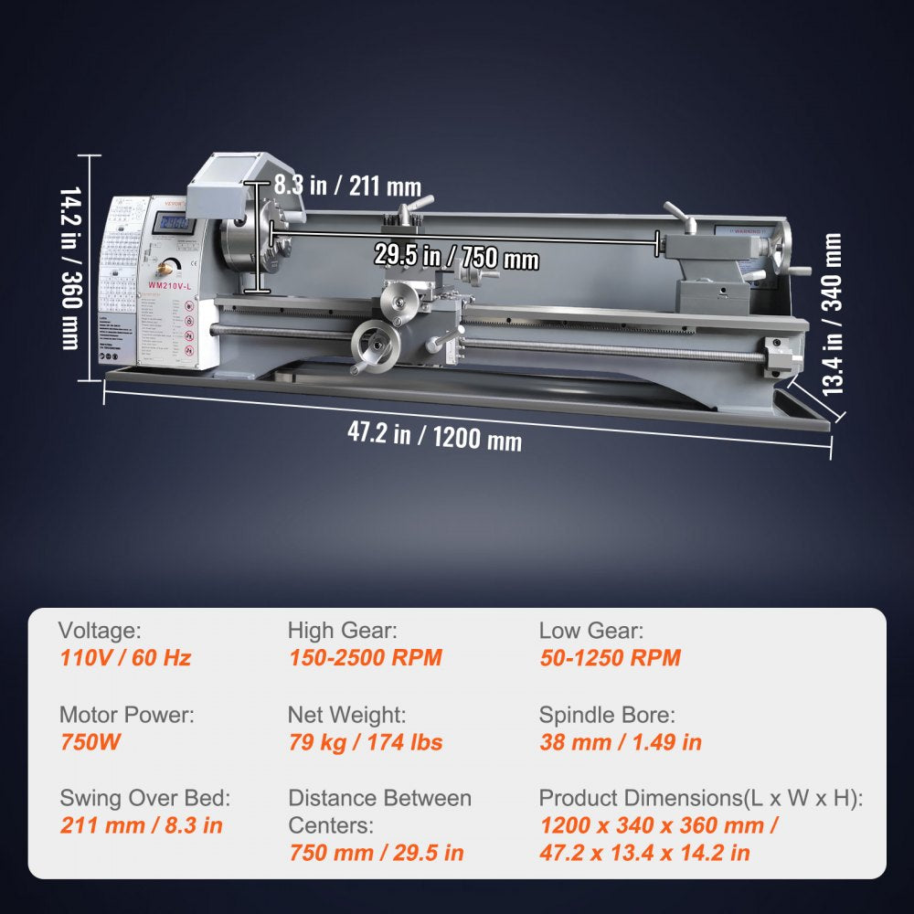 WM210V-L - 8.3'' x 29.5'' Durable Cast Iron Metal Lathe Machine