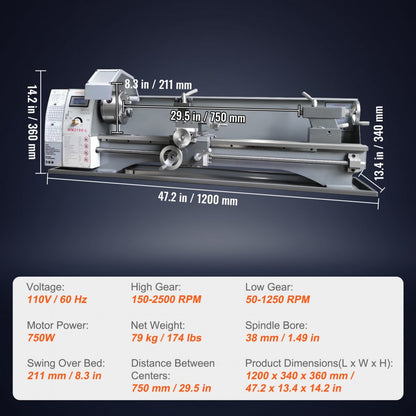 WM210V-L - 8.3'' x 29.5'' Durable Cast Iron Metal Lathe Machine