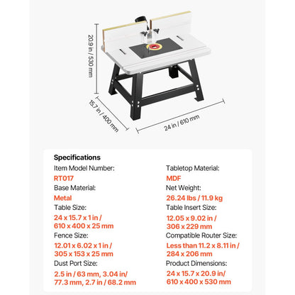 RT017 - Versatile Benchtop Router Table with 24"x15.7" MDF Surface