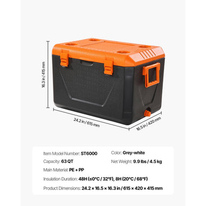 ST6000 - 63QT Lightweight Cooler with Insulation & Side Handles