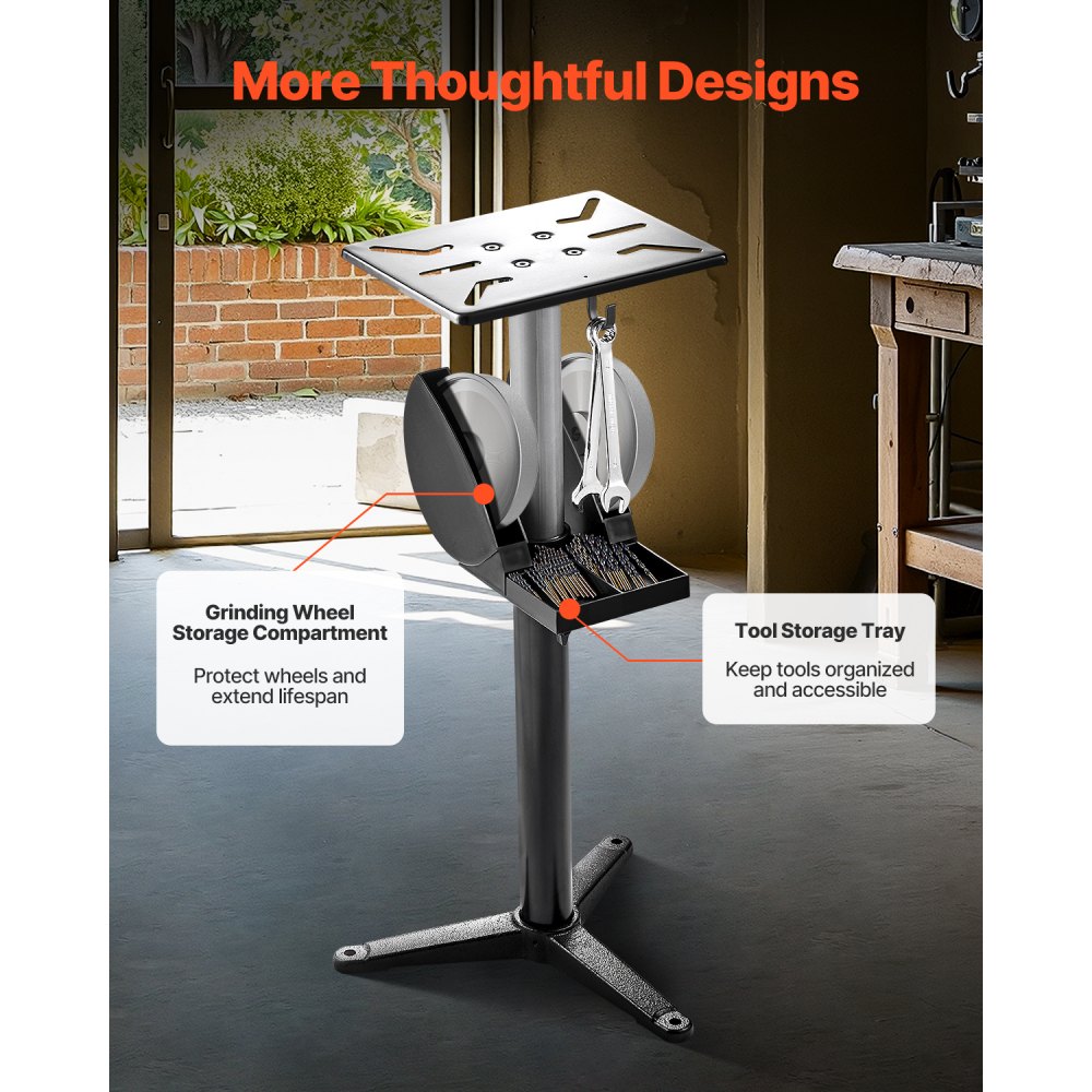 GS-E - Adjustable Bench Grinder Stand with 12"x10" Plate & Tool Storage