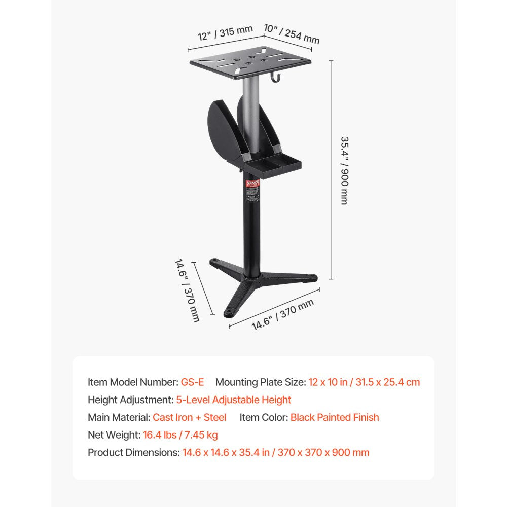 GS-E - Adjustable Bench Grinder Stand with 12"x10" Plate & Tool Storage