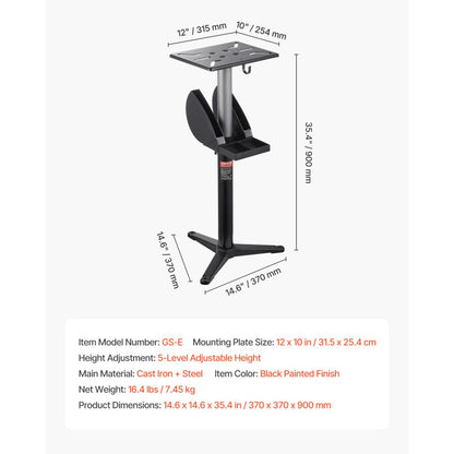 GS-E - Adjustable Bench Grinder Stand with 12"x10" Plate & Tool Storage