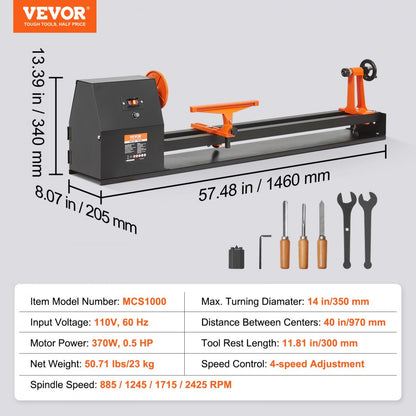 MCS1000 - 14" x 40" Cast Iron Wood Lathe, 0.5 HP, 4 Speeds