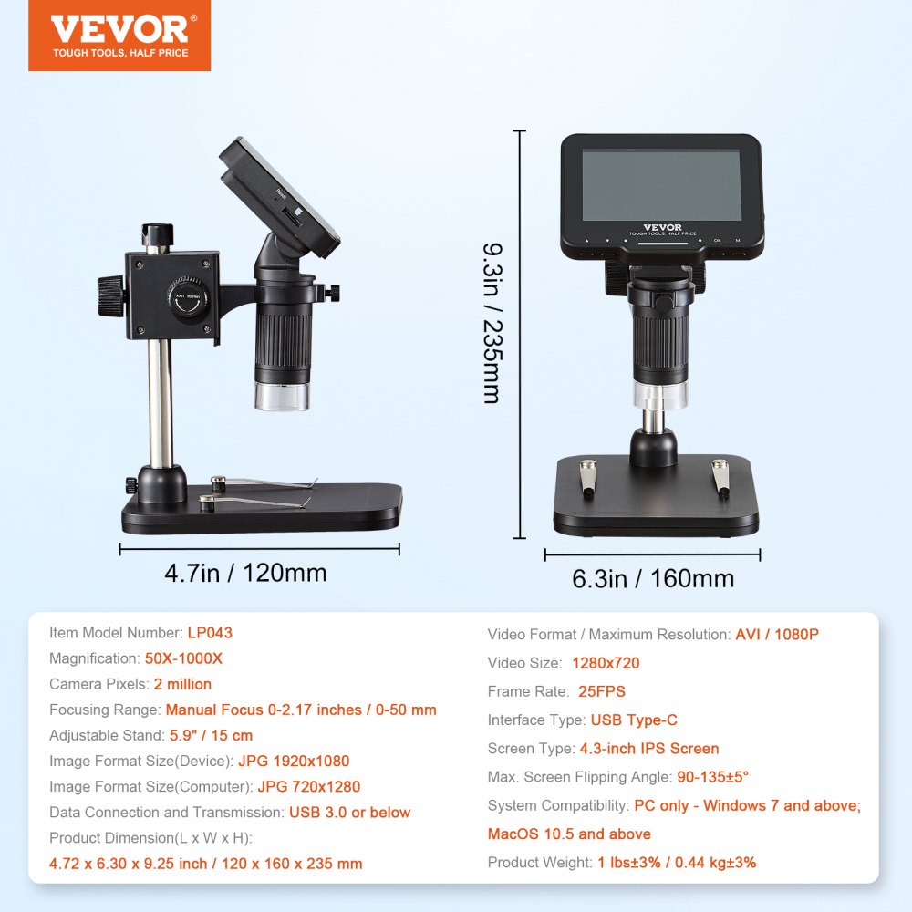 LP043 - VEVOR 4.3" Digital Microscope with 50X-1000X Magnification