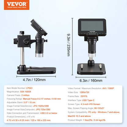 LP043 - VEVOR 4.3" Digital Microscope with 50X-1000X Magnification
