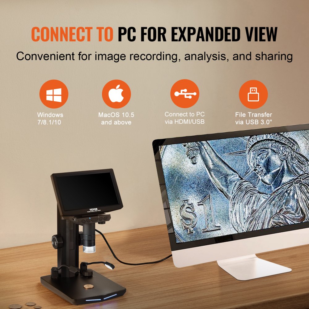 W7 - 7" HDMI Digital Microscope, 10X-1200X Magnification, IPS Screen