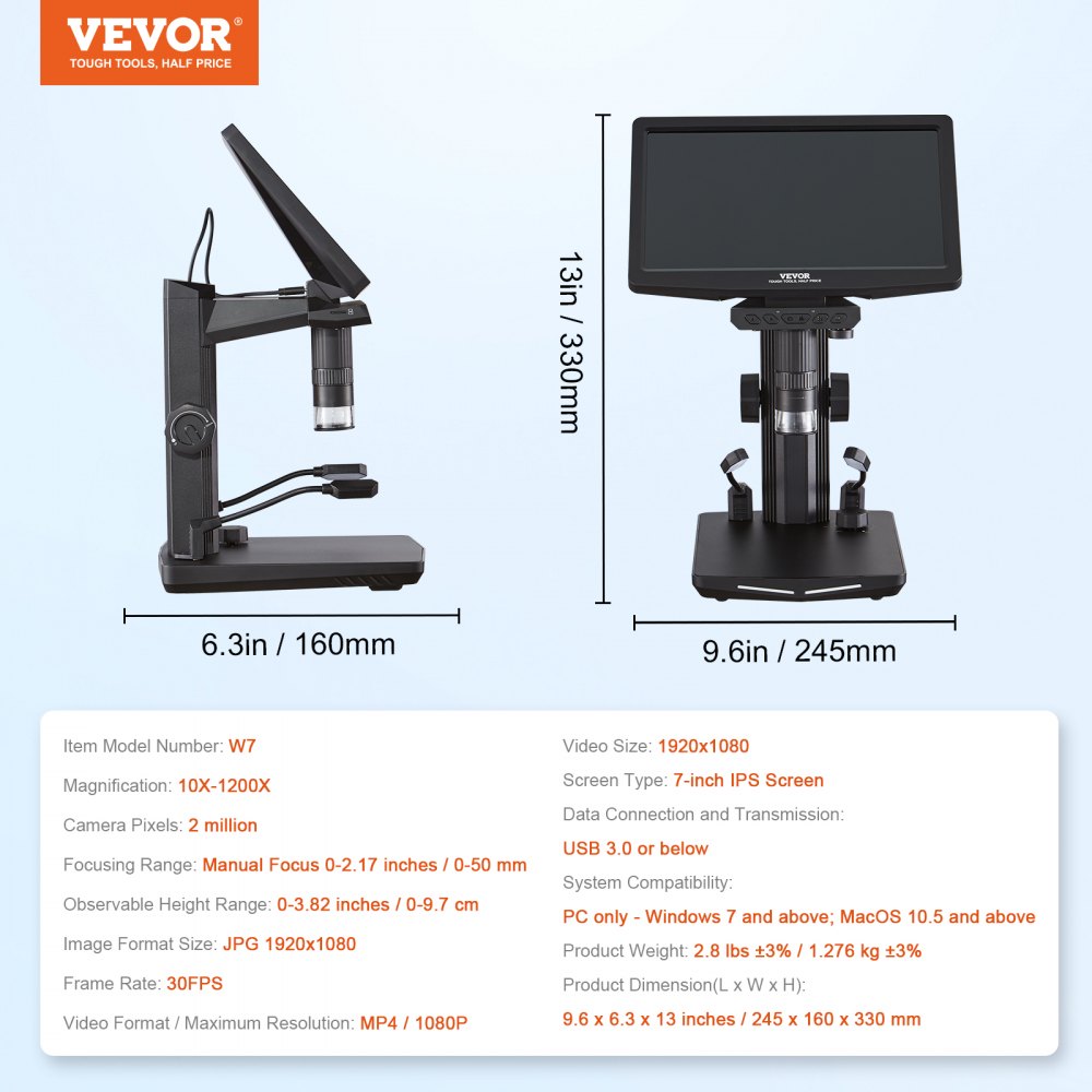 W7 - 7" HDMI Digital Microscope, 10X-1200X Magnification, IPS Screen