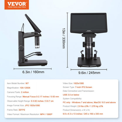 W7 - 7" HDMI Digital Microscope, 10X-1200X Magnification, IPS Screen