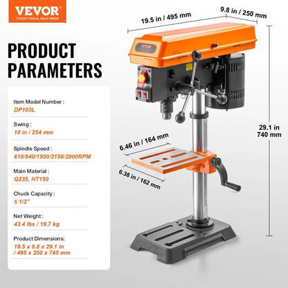 DP103L - 10-Inch Adjustable Benchtop Drill Press with LED Light and Speed Control