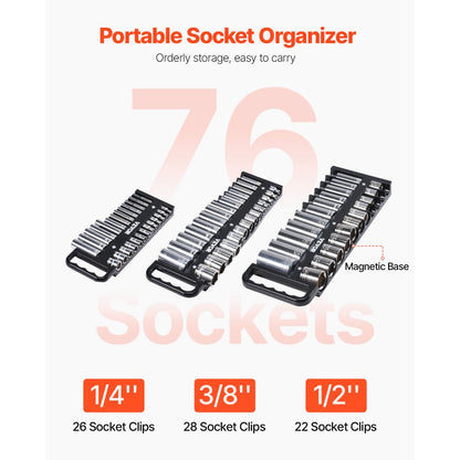 QJ7370 - Magnetic Socket Organizer Set for 76 Sockets, 3 Trays