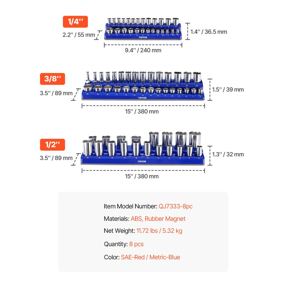 QJ7333-8pc - Magnetic Organizer for Up to 199 Sockets, Durable ABS Design