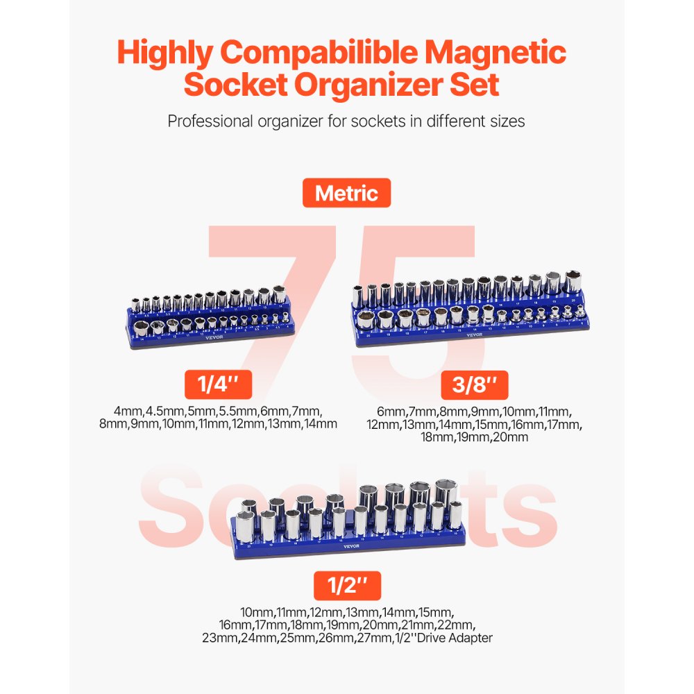 QJ7333-3pc Metric - Durable Magnetic Socket Organizer for 75 Tools