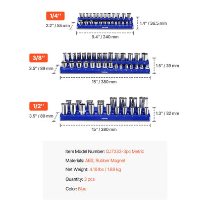 QJ7333-3pc Metric - Durable Magnetic Socket Organizer for 75 Tools