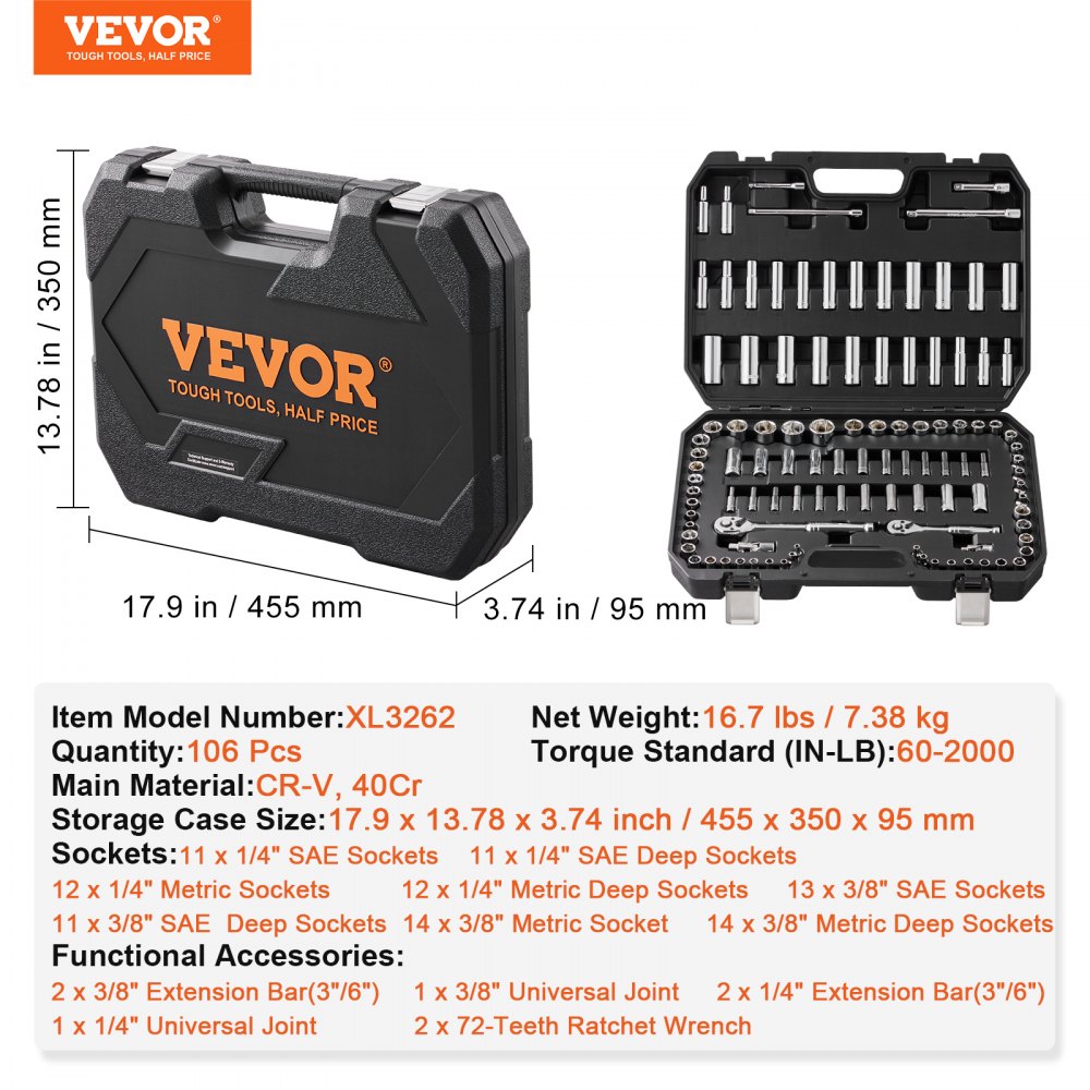 XL3262 - 106-Piece VEVOR Socket Set for Heavy-Duty Tasks