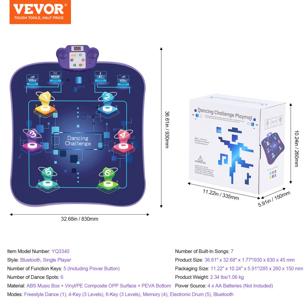 YQ3340 - Fun VEVOR Kids Dance Mat with 5 Modes and LED Arrows