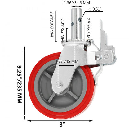 010311565288 - Heavy-Duty Scaffolding Wheels Set, 3200 lbs Capacity, 360° Rotation