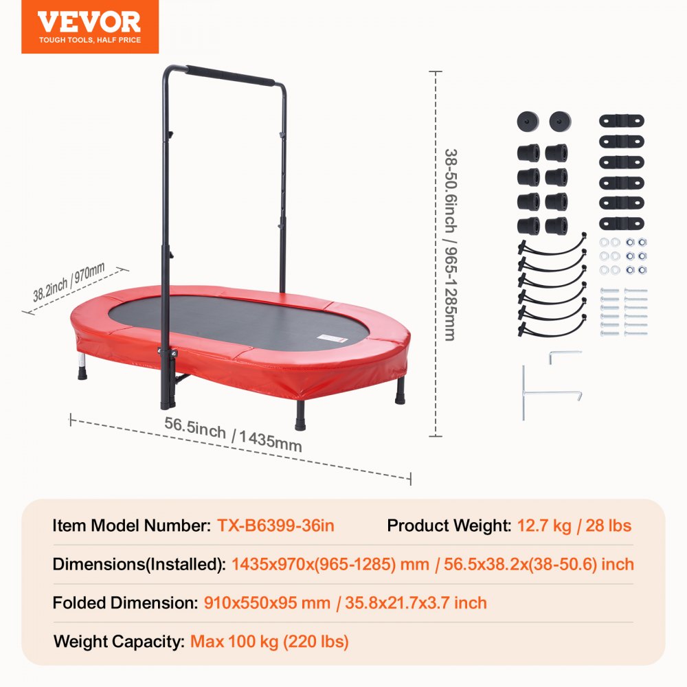 TX-B6399-36in - Adjustable Height Mini Trampoline for Kids 3-12 Years