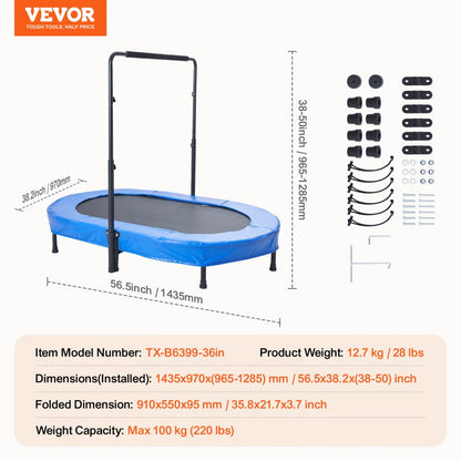 TX-B6399-36in - Foldable 56" Mini Trampoline for Kids with Adjustable Handle