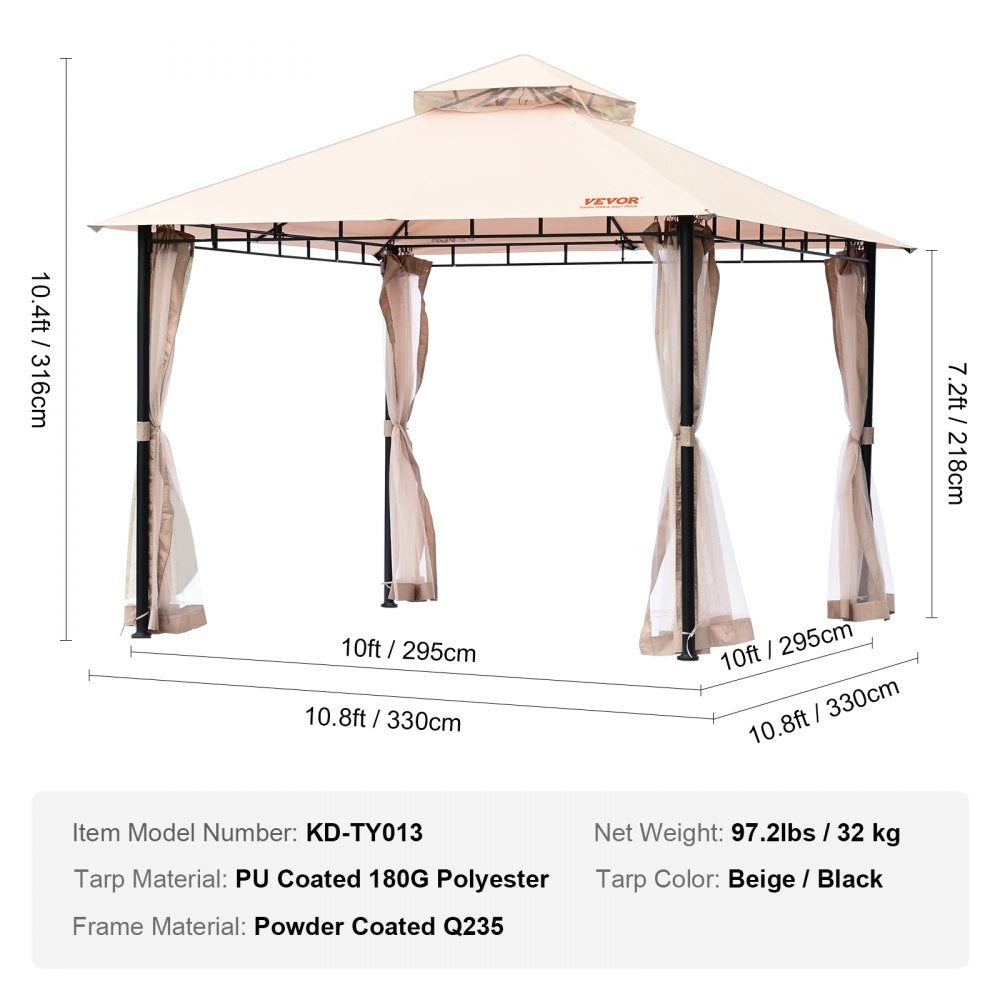 KD-TY013 - 10x10 FT Durable VEVOR Patio Gazebo with Mosquito Netting