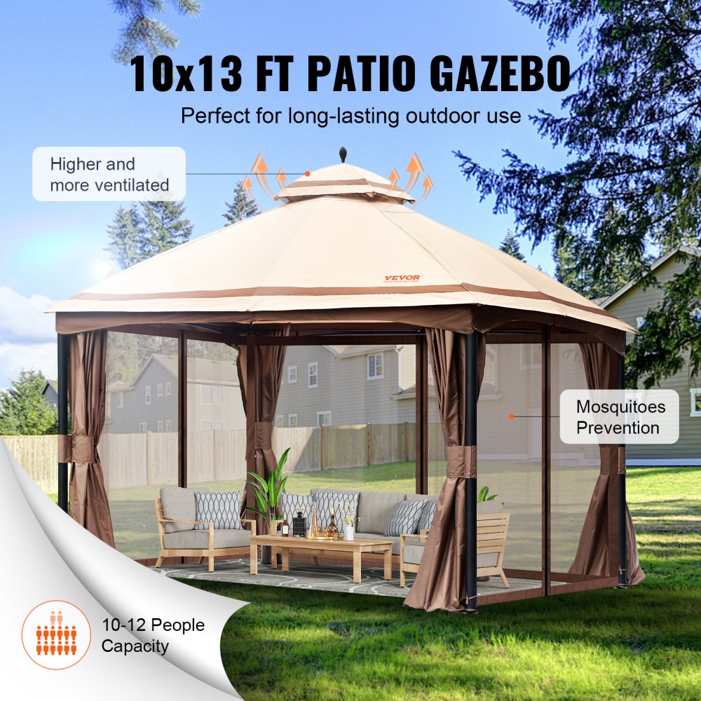 KD-TY007-1 - 10x13 FT VEVOR Patio Gazebo for 10-12 People, UPF 50+