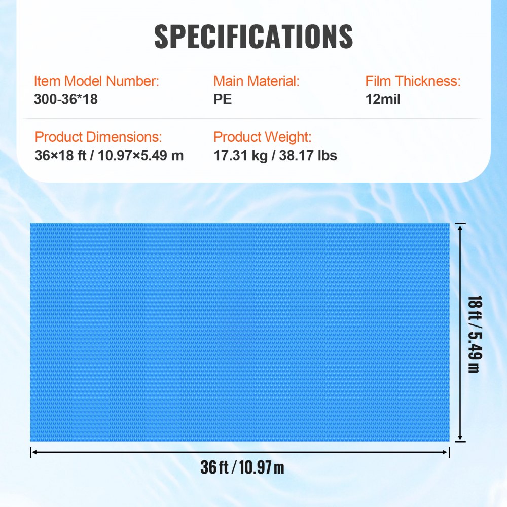 300-36*18 - Durable 36 x 18 ft VEVOR Solar Pool Cover for Year-Round Use