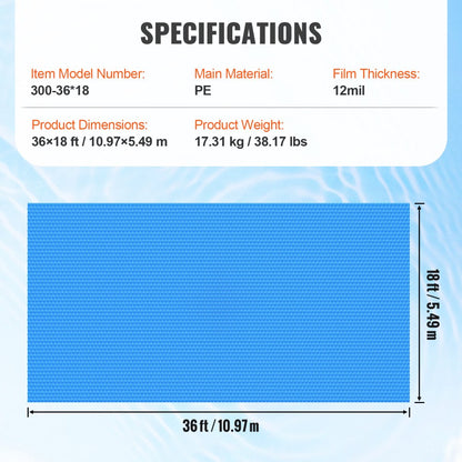 300-36*18 - Durable 36 x 18 ft VEVOR Solar Pool Cover for Year-Round Use
