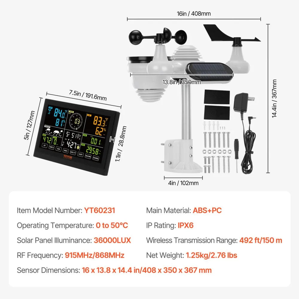 YT60231 - 7-in-1 Waterproof Weather Station with 7.5" Display