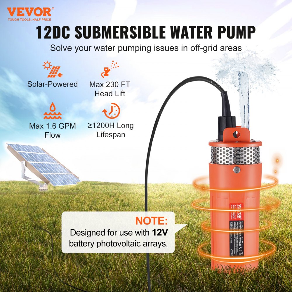 SP-12 - VEVOR 12V Solar Water Pump, 1.6 GPM, 230 ft Head, IP68 Waterproof