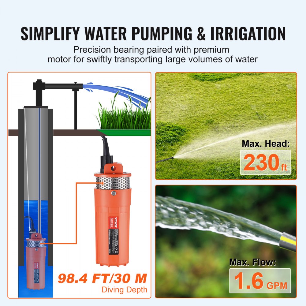 SP-12 - VEVOR 12V Solar Water Pump, 1.6 GPM, 230 ft Head, IP68 Waterproof