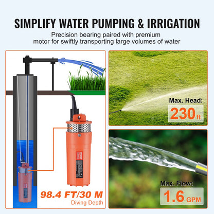 SP-12 - VEVOR 12V Solar Water Pump, 1.6 GPM, 230 ft Head, IP68 Waterproof