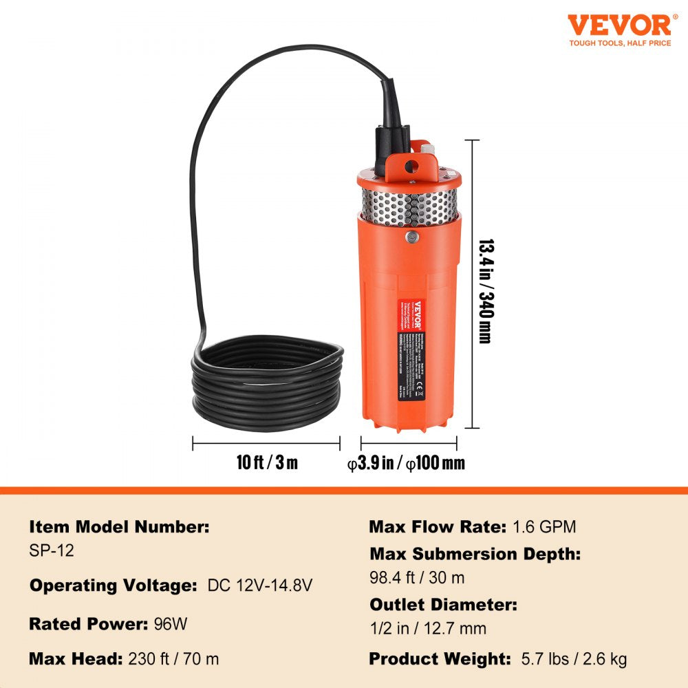 SP-12 - VEVOR 12V Solar Water Pump, 1.6 GPM, 230 ft Head, IP68 Waterproof