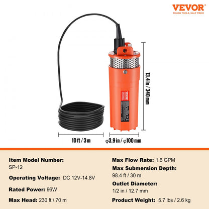 SP-12 - VEVOR 12V Solar Water Pump, 1.6 GPM, 230 ft Head, IP68 Waterproof