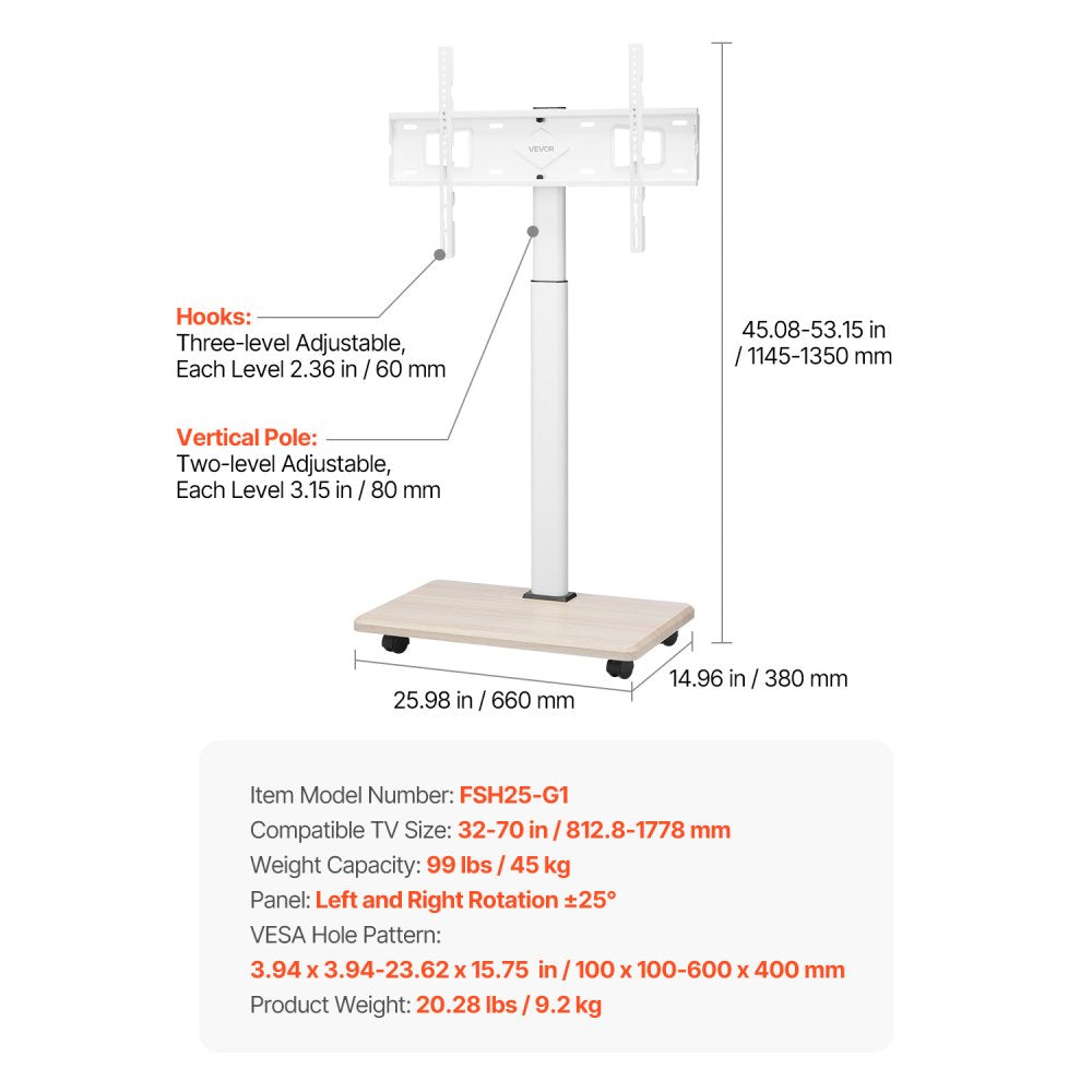 FSH25-G1 - Adjustable Rolling TV Stand for 32-70" TVs, 99 lbs Capacity