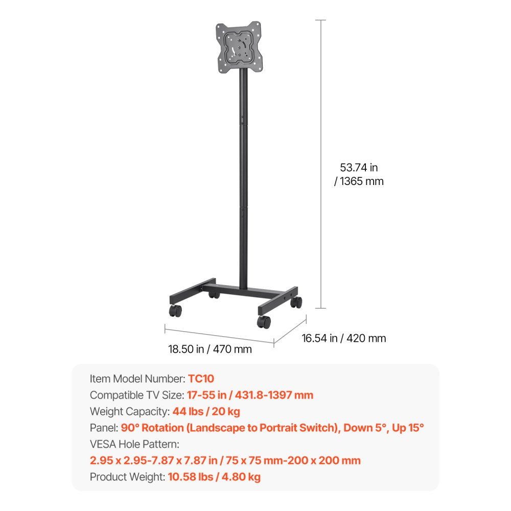 TC10 - Adjustable Mobile TV Stand for 17-55" Screens, 44 lbs Capacity