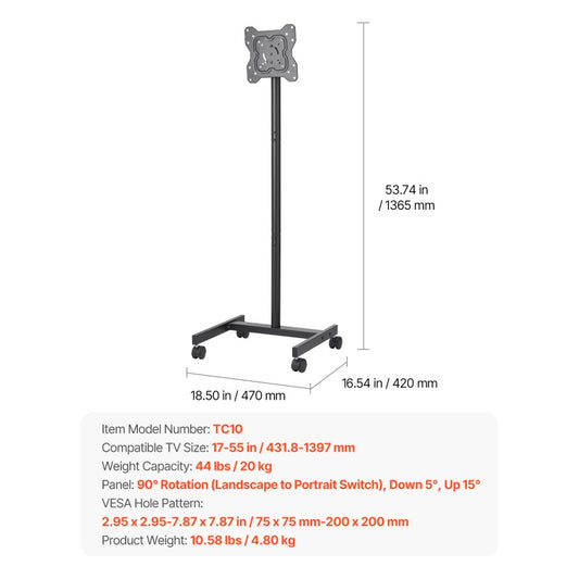 TC10 - Adjustable Mobile TV Stand for 17-55" Screens, 44 lbs Capacity