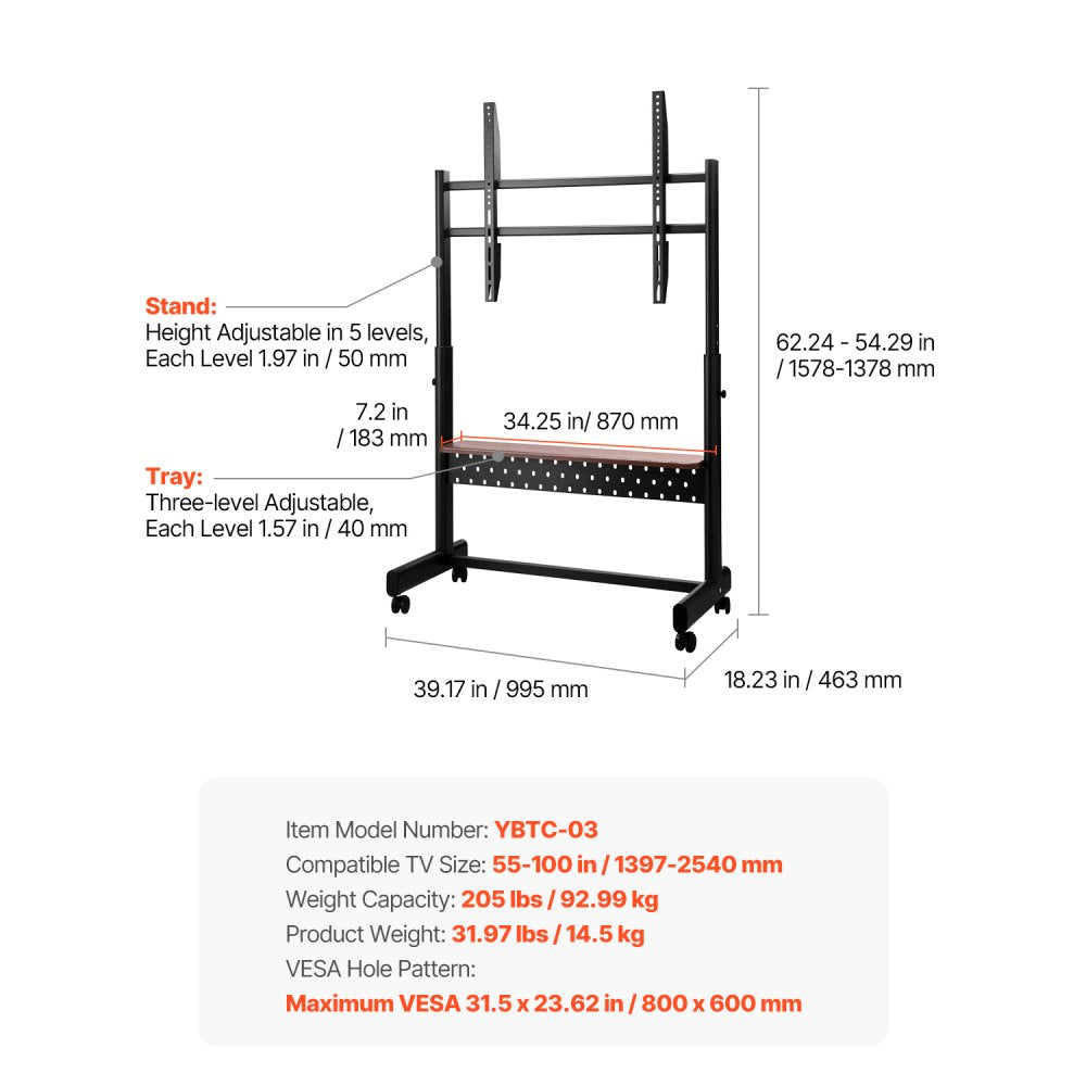 YBTC-03 - 55-100" Mobile TV Stand with Wheels & Steel Frame