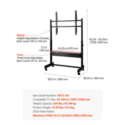 YBTC-03 - 55-100" Mobile TV Stand with Wheels & Steel Frame