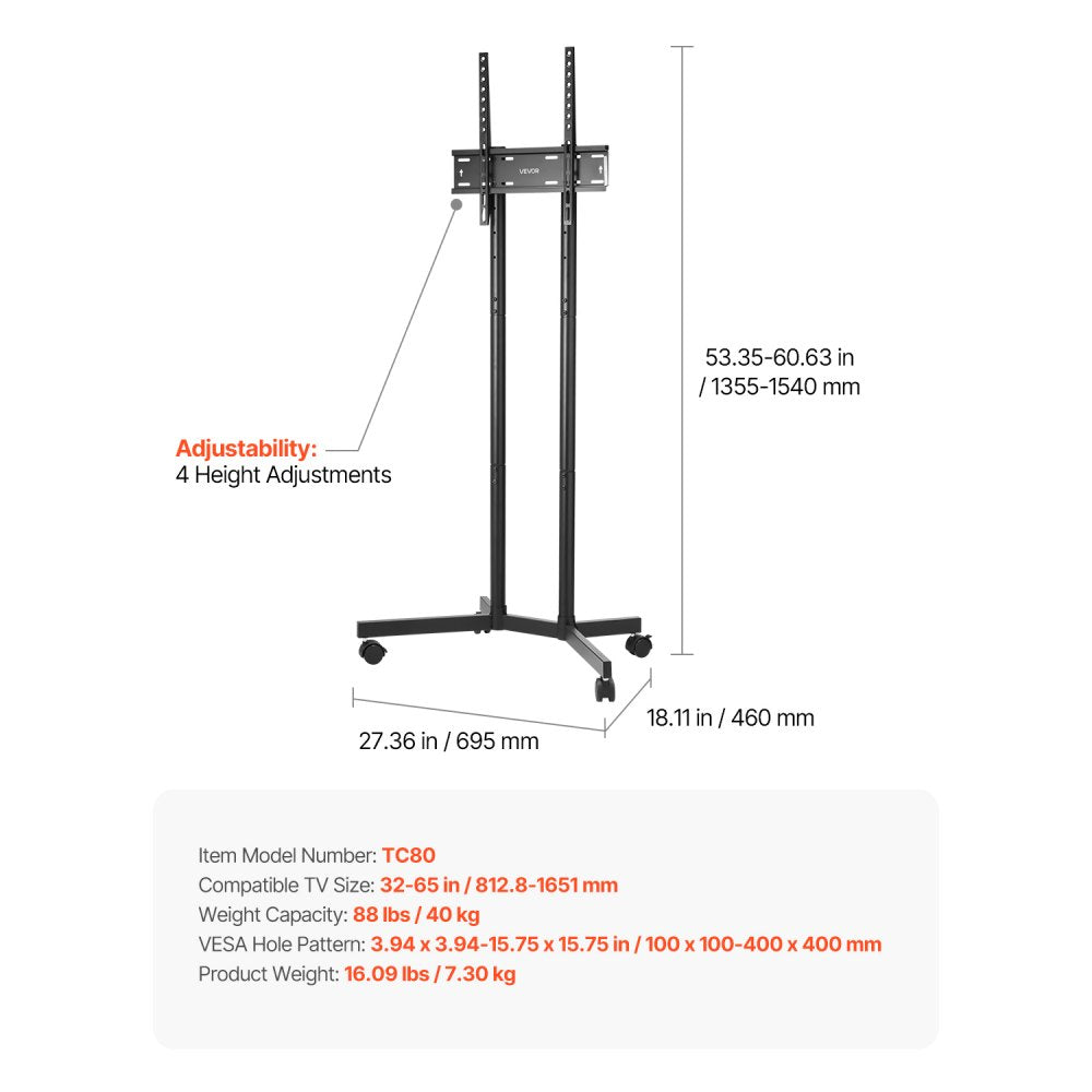 TC80 - Mobile 32-65 Inch TV Stand with Adjustable Height and Wheels