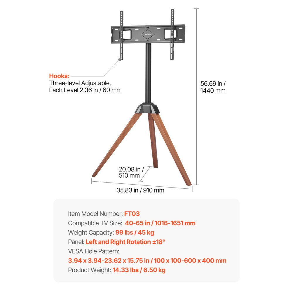 FT03 - Adjustable Steel Tripod TV Stand for 40-65" Screens, 99 lbs