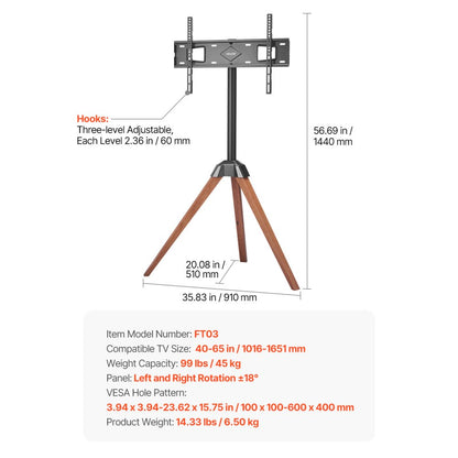 FT03 - Adjustable Steel Tripod TV Stand for 40-65" Screens, 99 lbs