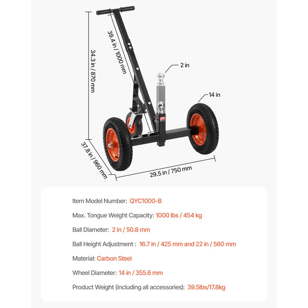 QYC1000-B Adjustable Height Trailer Dolly with 1000lbs Capacity
