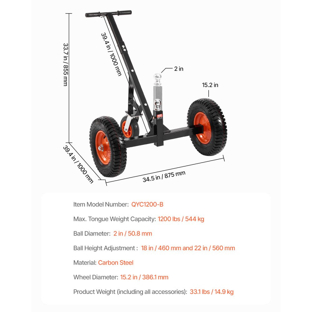 QYC1200-B - Heavy-Duty Trailer Dolly with 1200 lbs Capacity, Adjustable Height