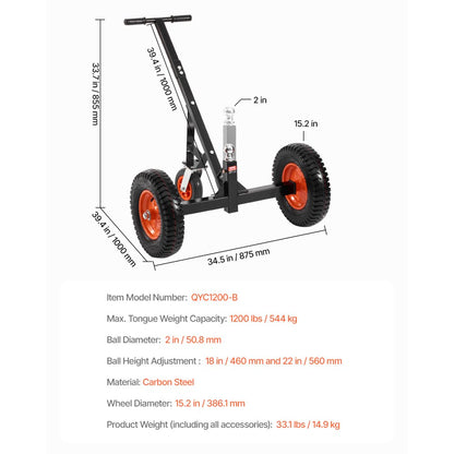 QYC1200-B - Heavy-Duty Trailer Dolly with 1200 lbs Capacity, Adjustable Height