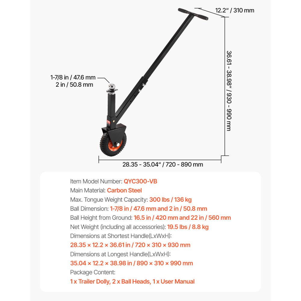 QYC300-VB - 300 lbs Capacity Adjustable Trailer Dolly for Easy Towing