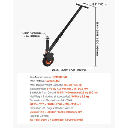 QYC300-VB - 300 lbs Capacity Adjustable Trailer Dolly for Easy Towing