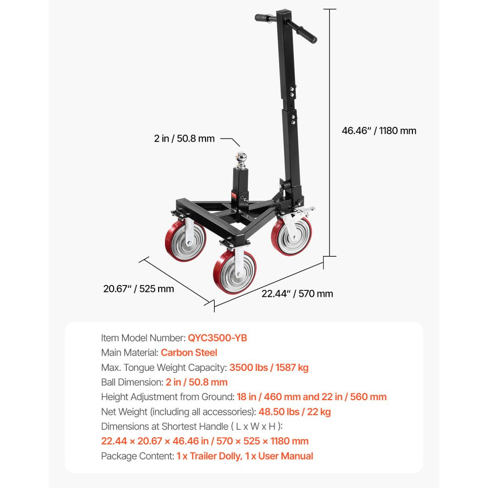 QYC3500-YB - 3500 lbs Capacity Carbon Steel Trailer Dolly, Adjustable Height
