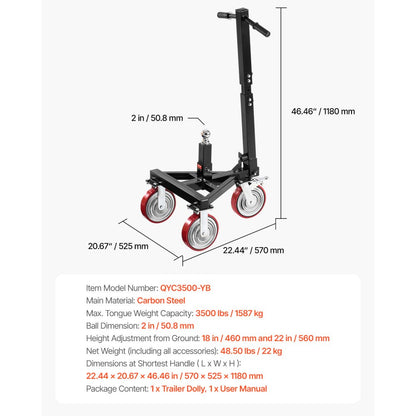 QYC3500-YB - 3500 lbs Capacity Carbon Steel Trailer Dolly, Adjustable Height