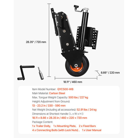 QYC500-WB - 500lbs Capacity Trailer Dolly, Adjustable Height & Foldable Design
