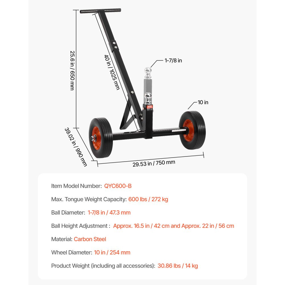 QYC600-B - 600 lbs Capacity Adjustable Trailer Dolly for Easy Moving